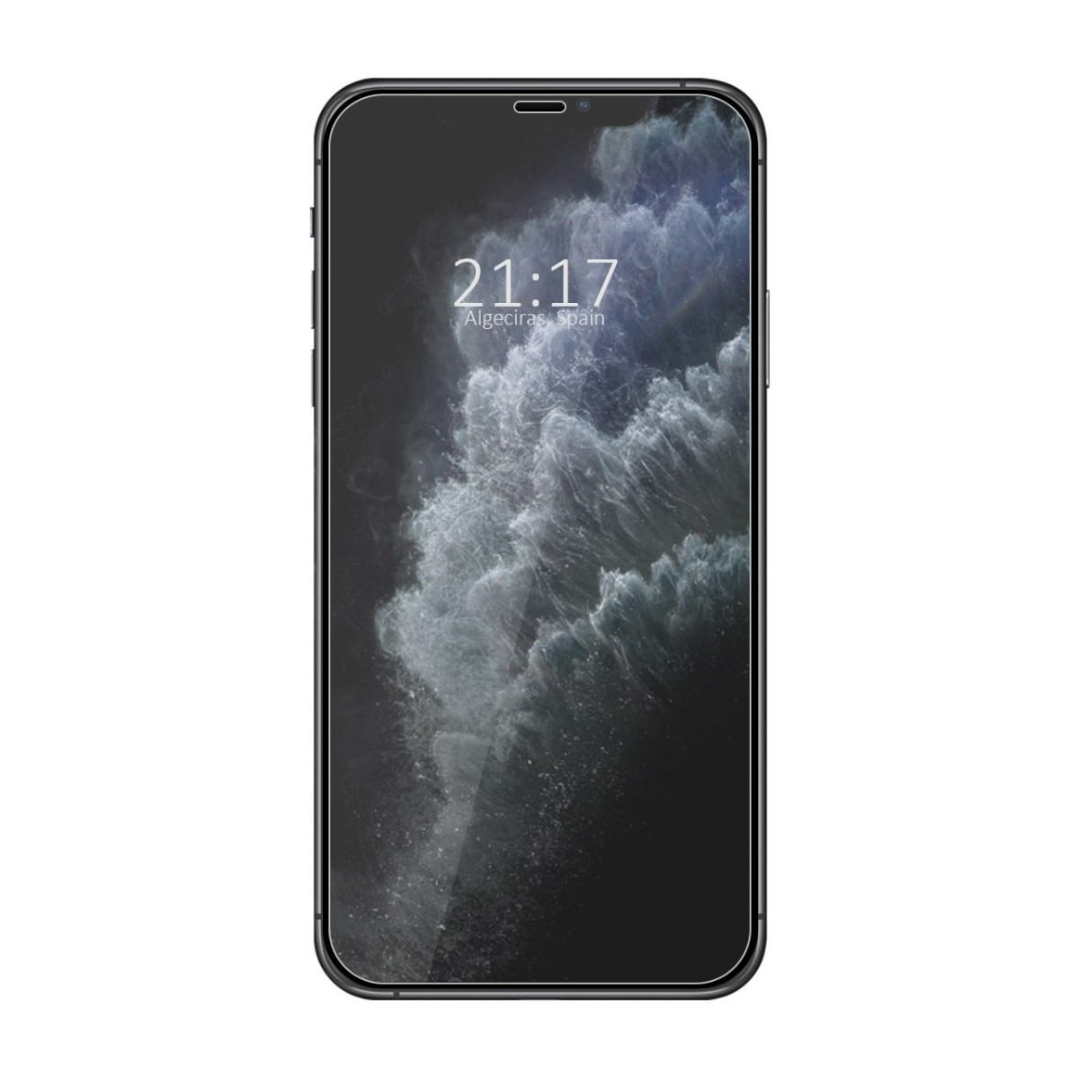 Uno smartphone nero mostra l'ora 21:17. Lo schermo mostra un'immagine di nuvole tempestose.