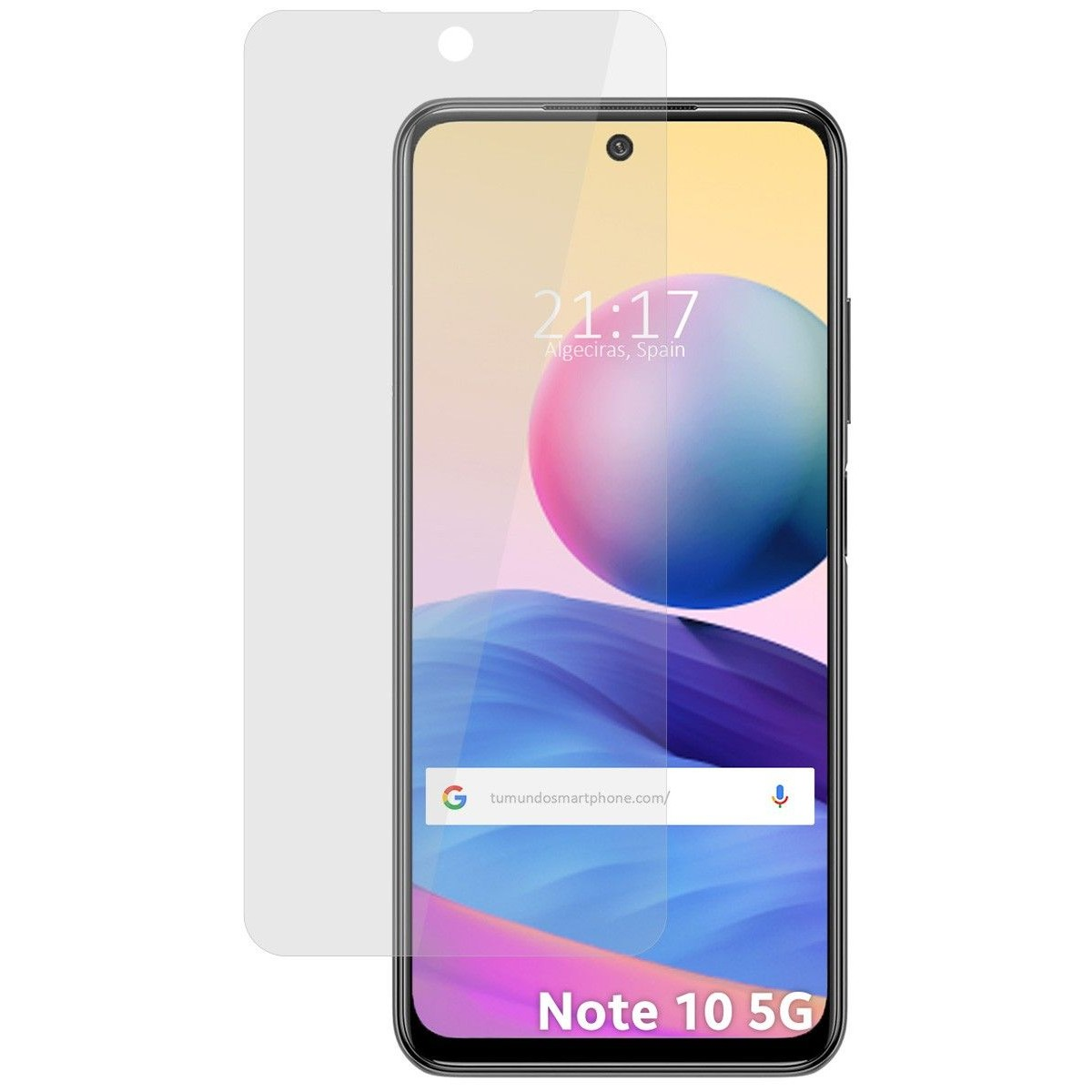 Smartphone con protezione schermo. Lo schermo mostra l'ora e una barra di ricerca di Google.