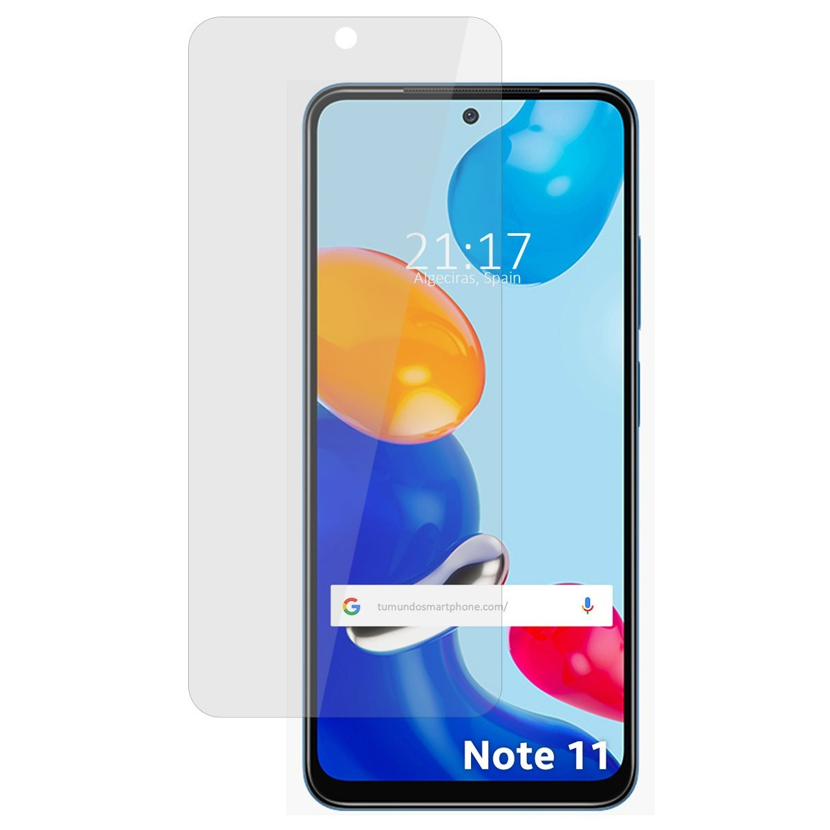 Smartphone con protezione schermo. Lo schermo mostra l'ora e uno sfondo astratto colorato.