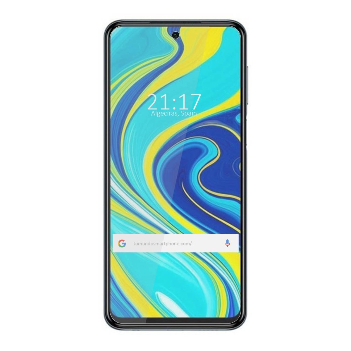 Uno schermo di smartphone che mostra ora, data e un logo. Il telefono ha uno sfondo blu-giallo.