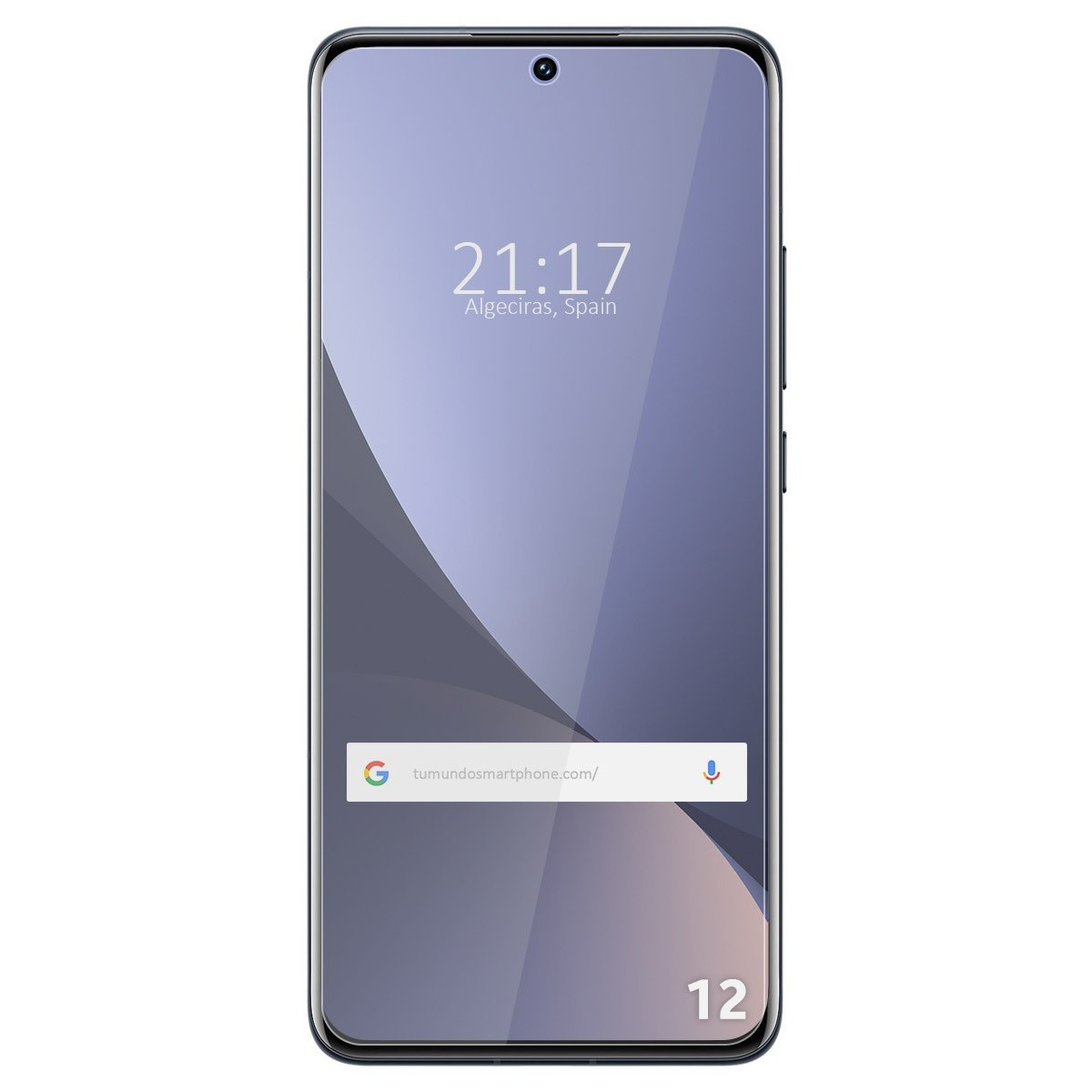 Smartphone con schermo che mostra l'ora e un indirizzo web. Il telefono ha una tinta blu.