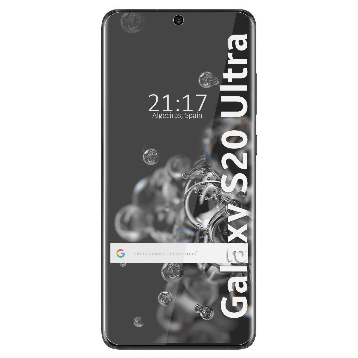 Schermo dello smartphone con 21:17 e testo 'Galaxy S20 Ultra'. Ha una cornice nera.