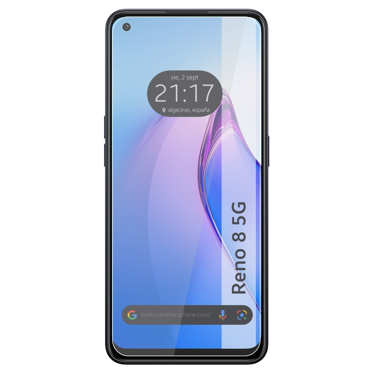 Telefono Oppo Reno 8 5G che mostra data, ora e barra di ricerca Google, con sfondo astratto.