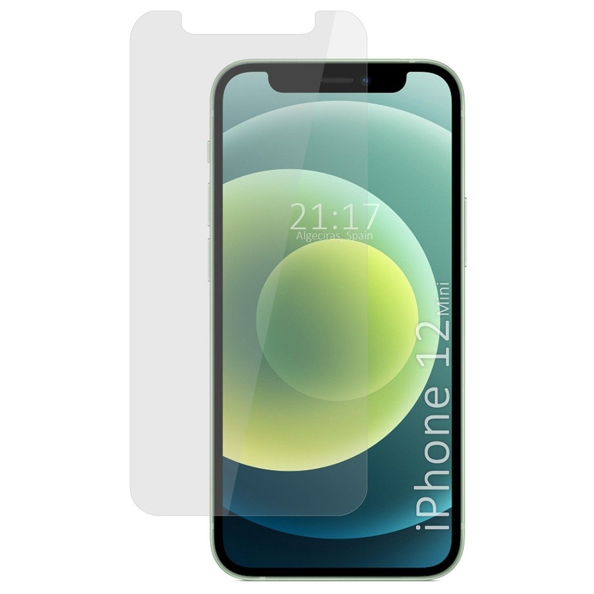 iPhone 12 Mini con protezione schermo. Lo schermo del telefono mostra l'ora e uno sfondo verde.
