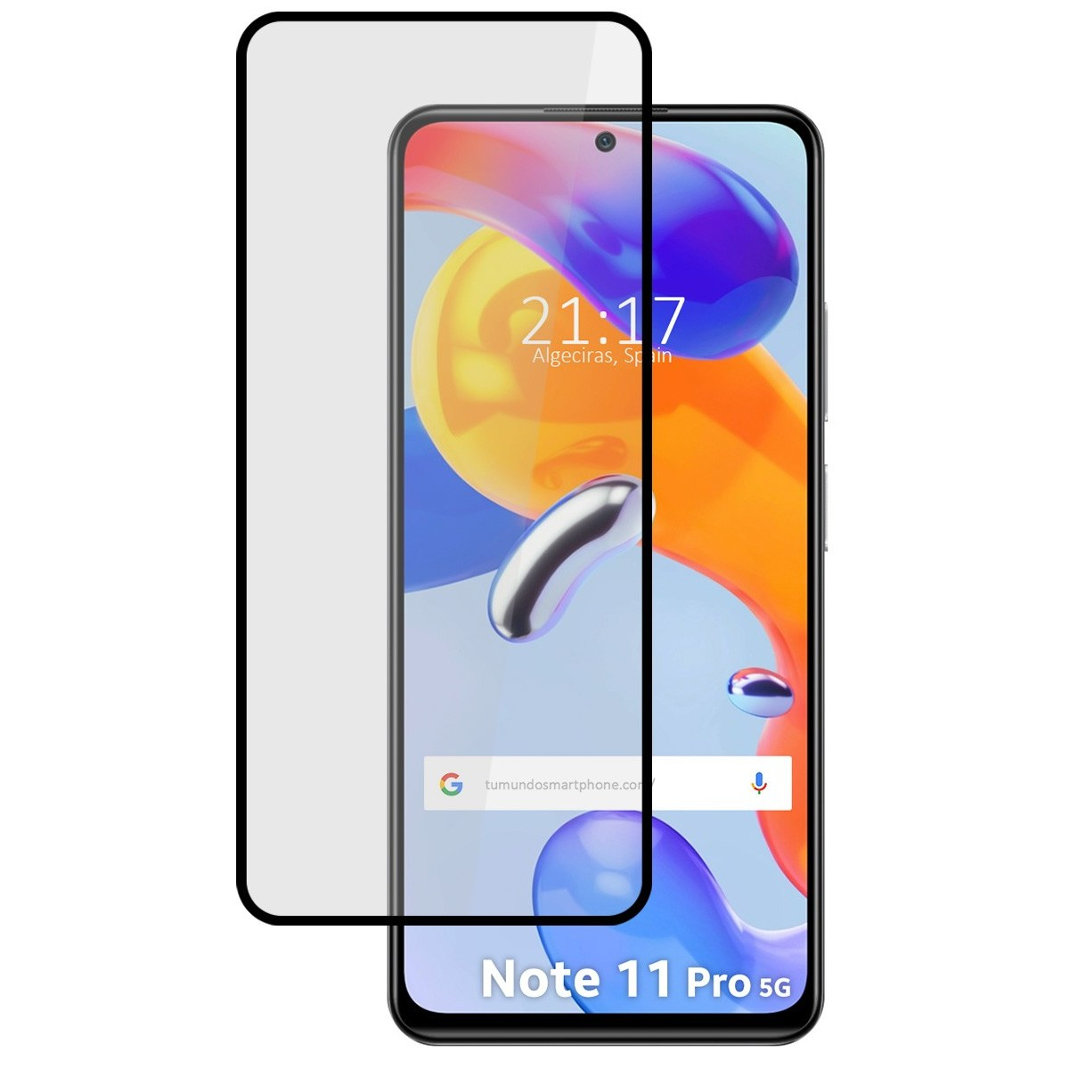 Smartphone con protezione schermo. Il telefono mostra l'ora e la città. La protezione è trasparente.