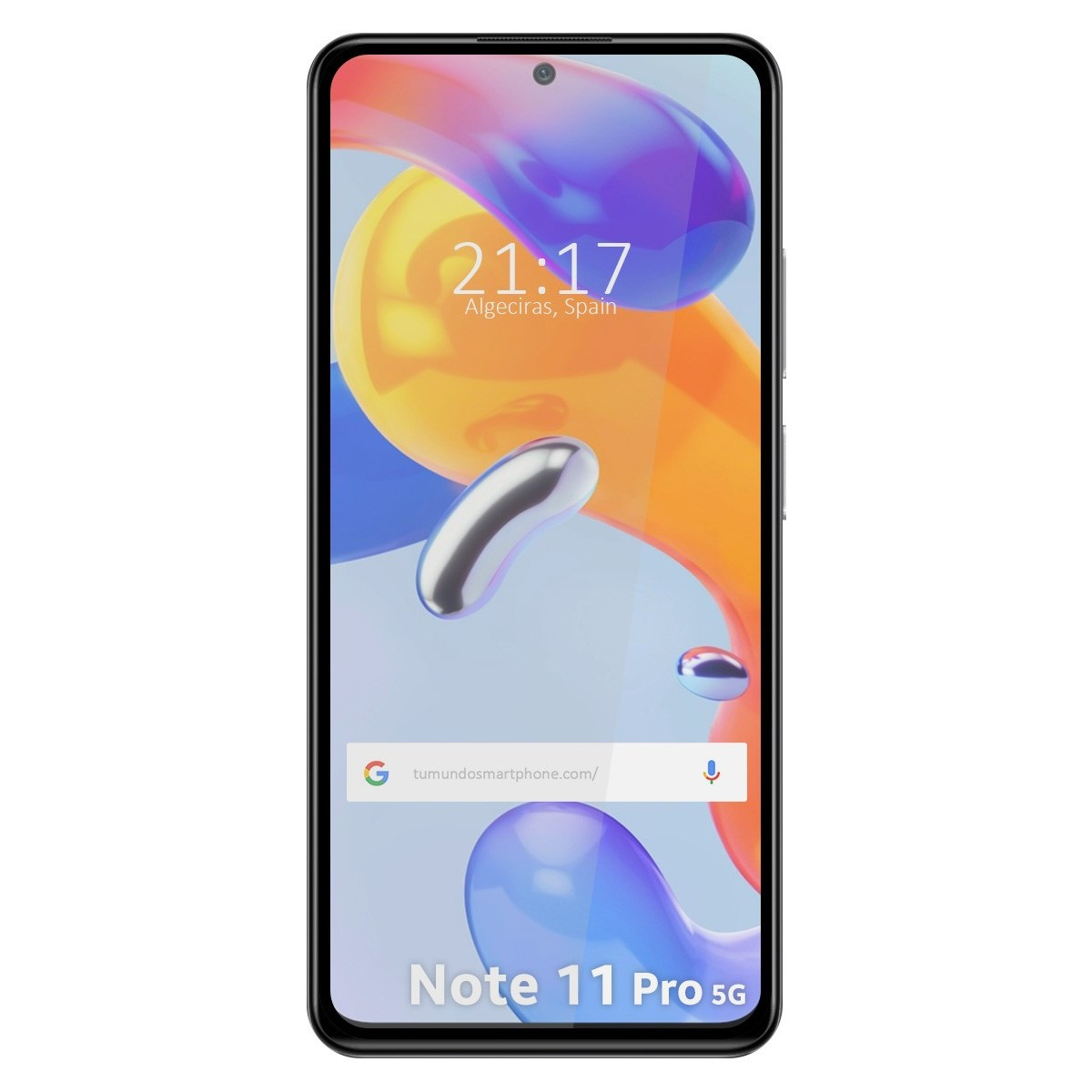 Smartphone Note 11 Pro 5G con ora e posizione sullo schermo, sfondo colorato.