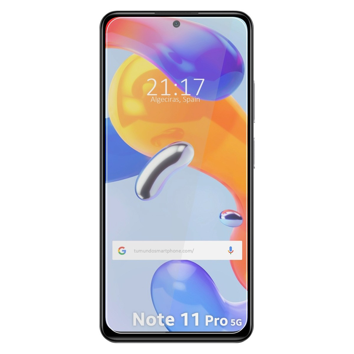 Telefono Note 11 Pro 5G, ora 21:17, Algeciras, Spagna. Barra di ricerca Google visibile.