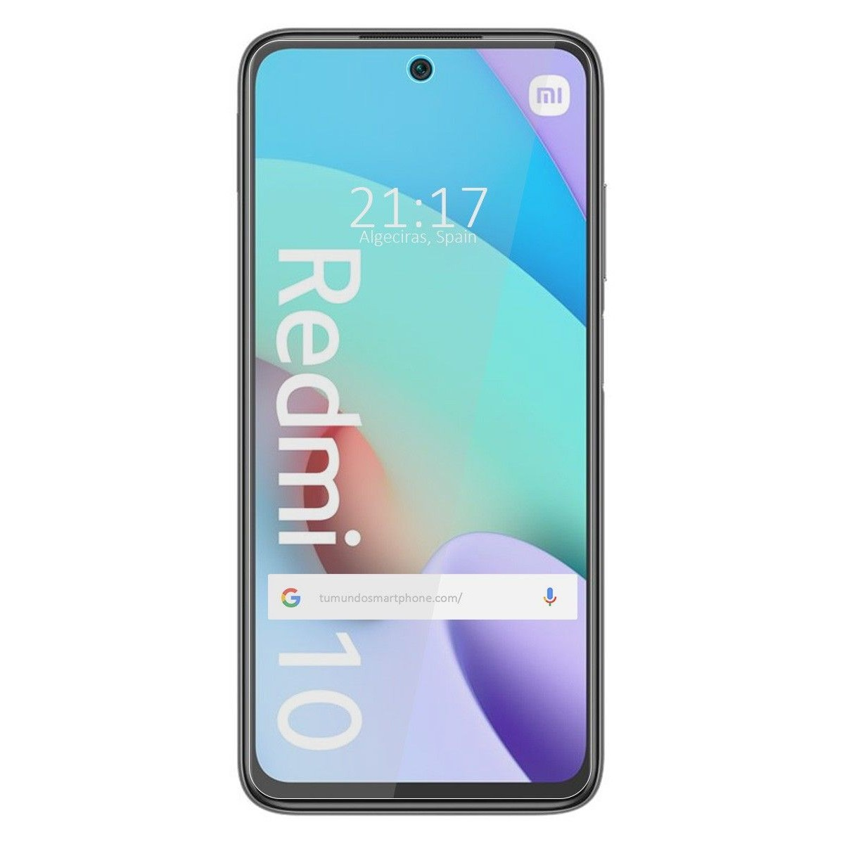 Schermo smartphone con ora, sito web, modello e vetro protettivo.