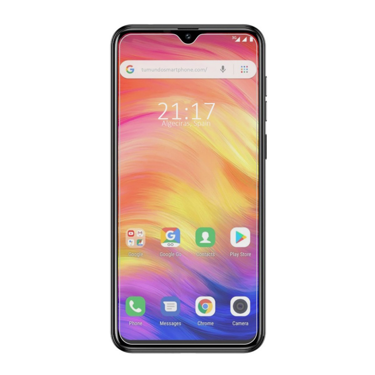 Teléfono con pantalla colorida mostrando iconos de aplicaciones, hora y dirección web.