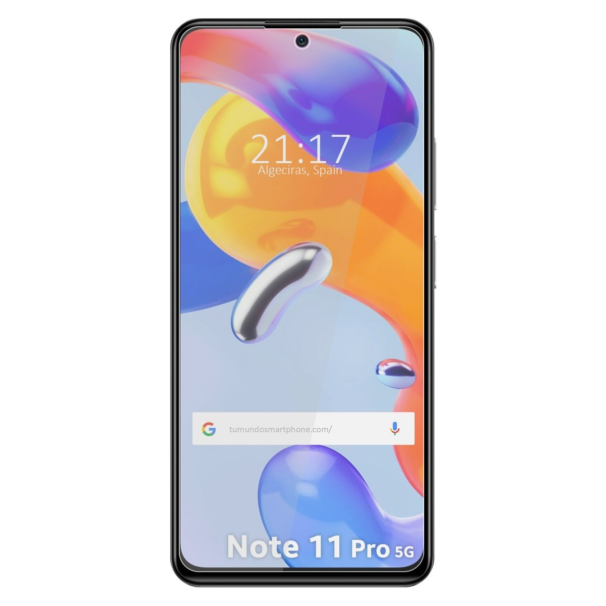 Smartphone con ora e sfondo astratto colorato, con protezione schermo.