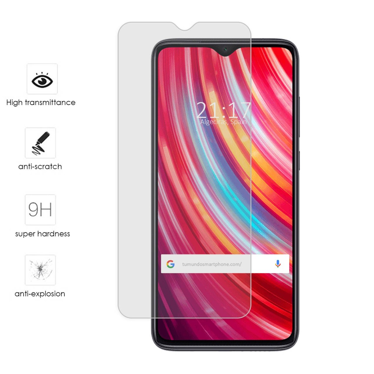 Smartphone con protezione schermo. Mostra ora. Sfondo rosso e giallo.