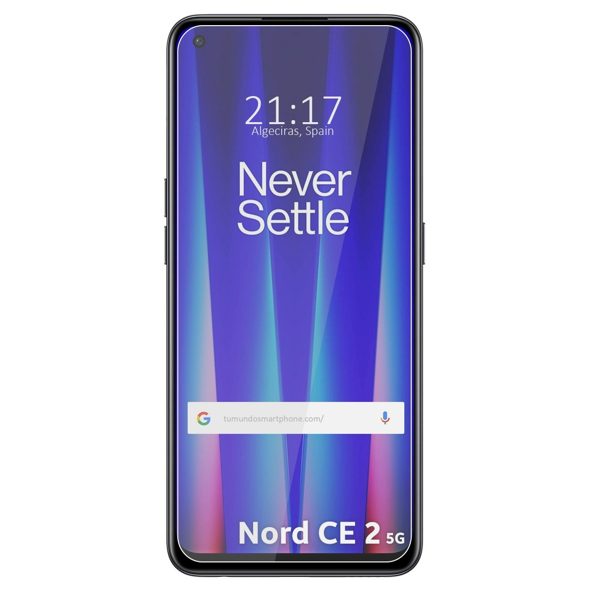 Smartphone con visualización de la hora y barra de búsqueda. Pantalla azul y morada.