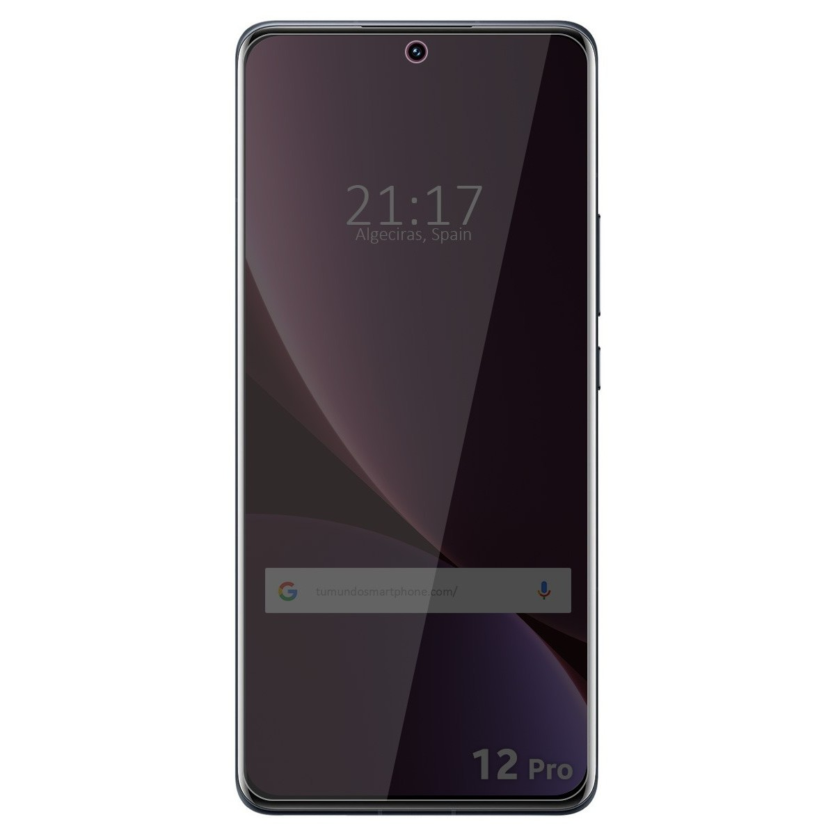 Schermo di smartphone con ora, data e testo '12 Pro'. Pellicola protettiva scura sullo schermo.