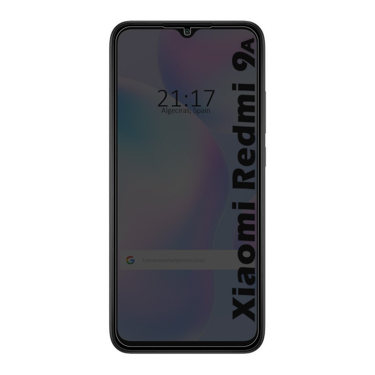 Uno smartphone nero con l'ora visualizzata e un indirizzo web.