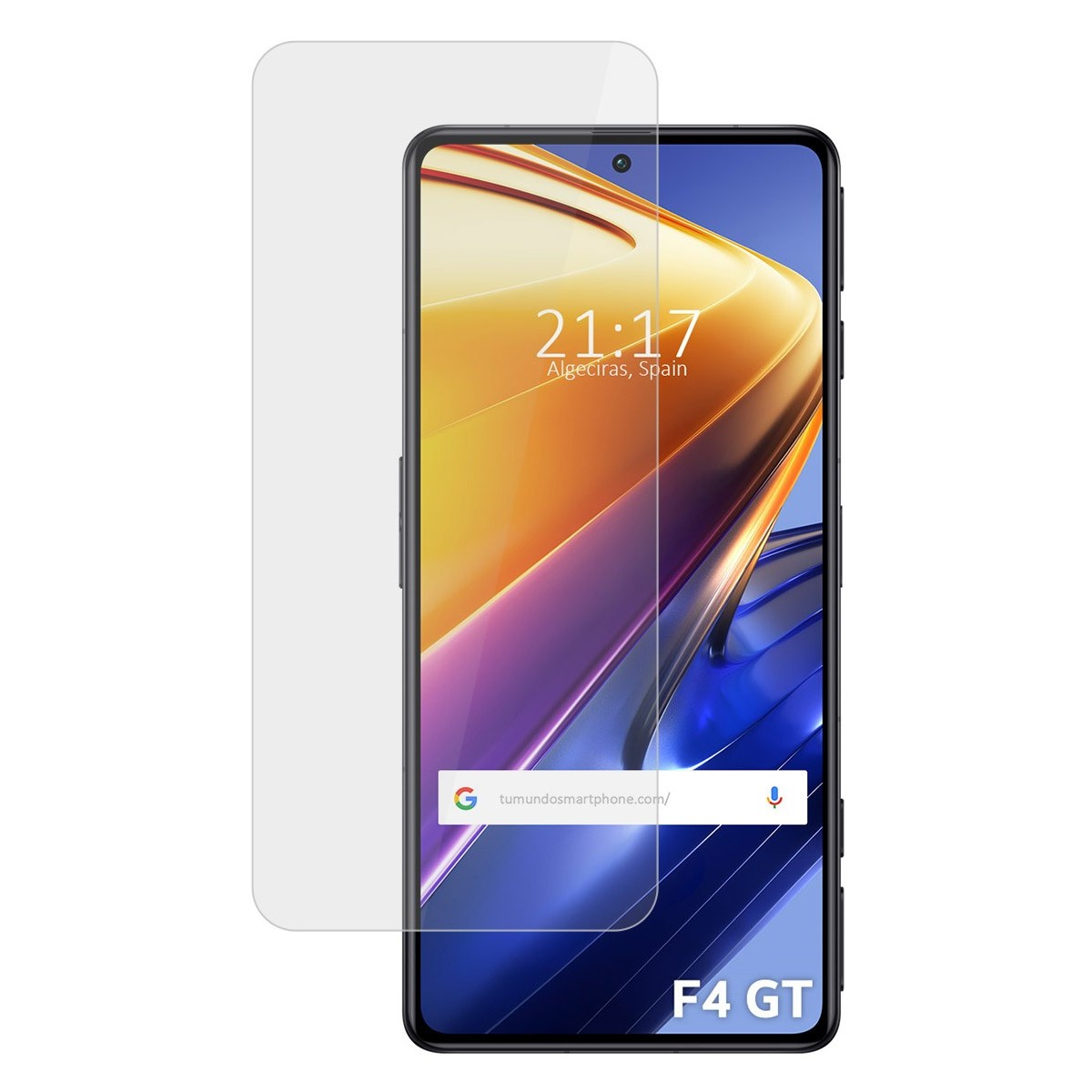 Smartphone con protezione schermo mostra ora, posizione e sfondo dorato sfocato. È un F4 GT.