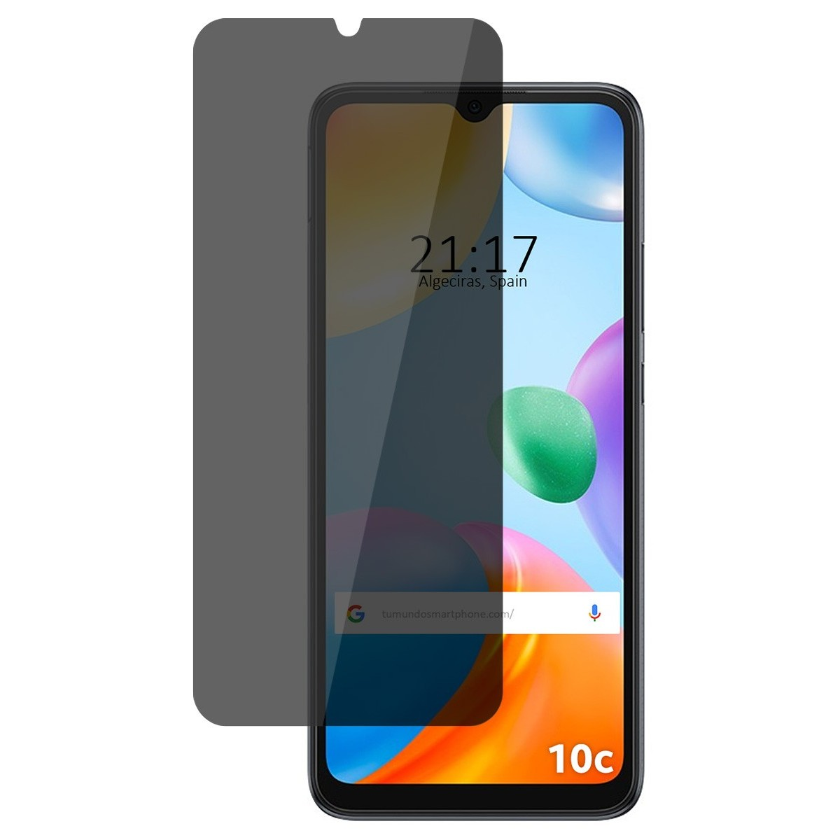 Telefono con protezione schermo. Mostra ora e barra di ricerca. Protezione grigio scuro.