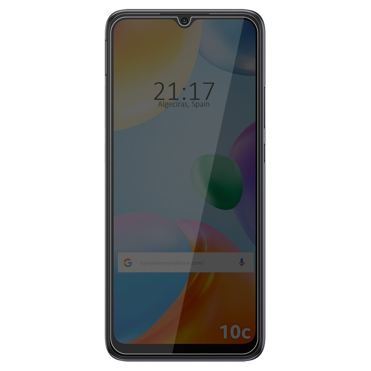 Schermo smartphone, bordo nero, visualizzazione ora e sfondo colorato.