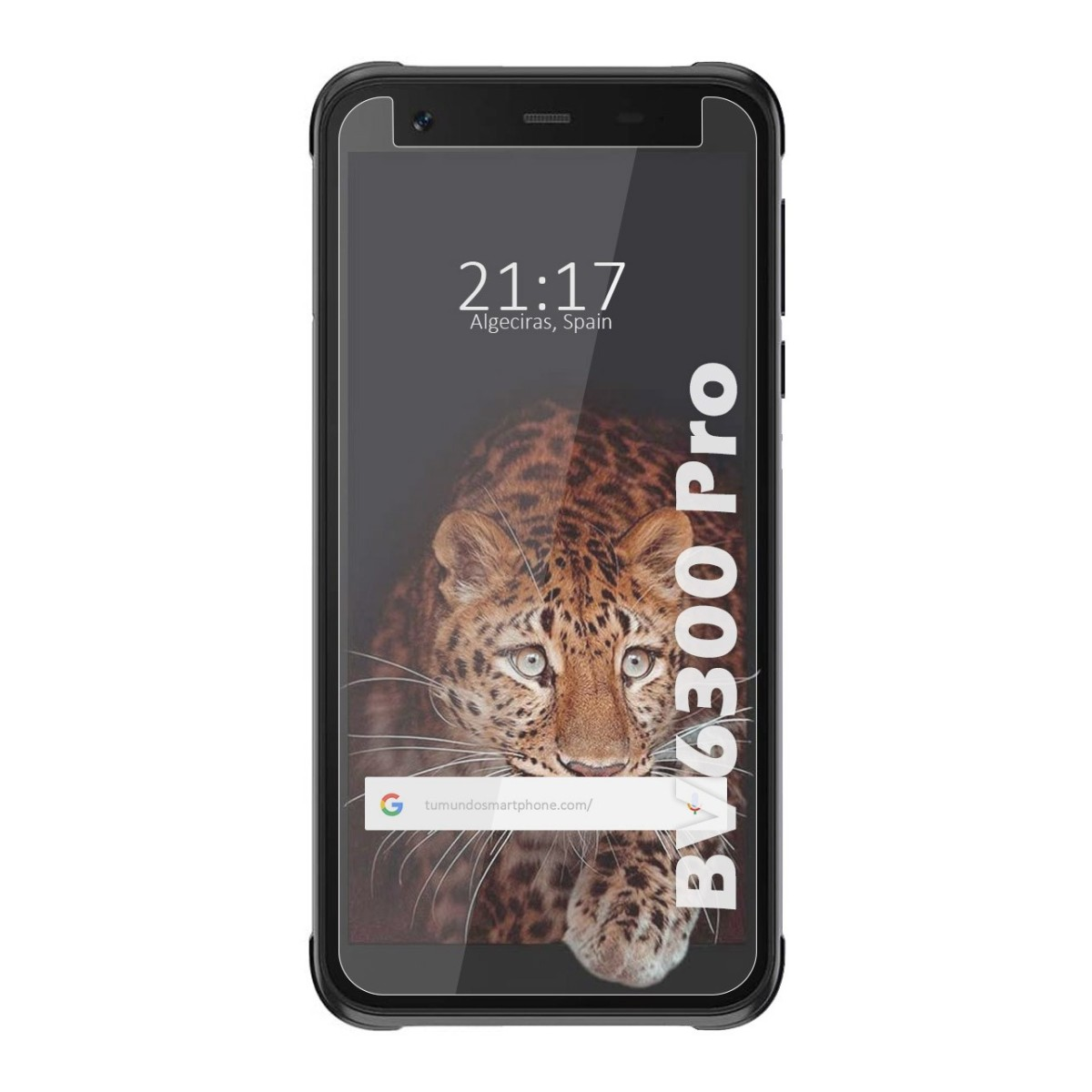 Smartphone negro mostrando un leopardo en la pantalla y la hora. El teléfono es negro, con marco negro.