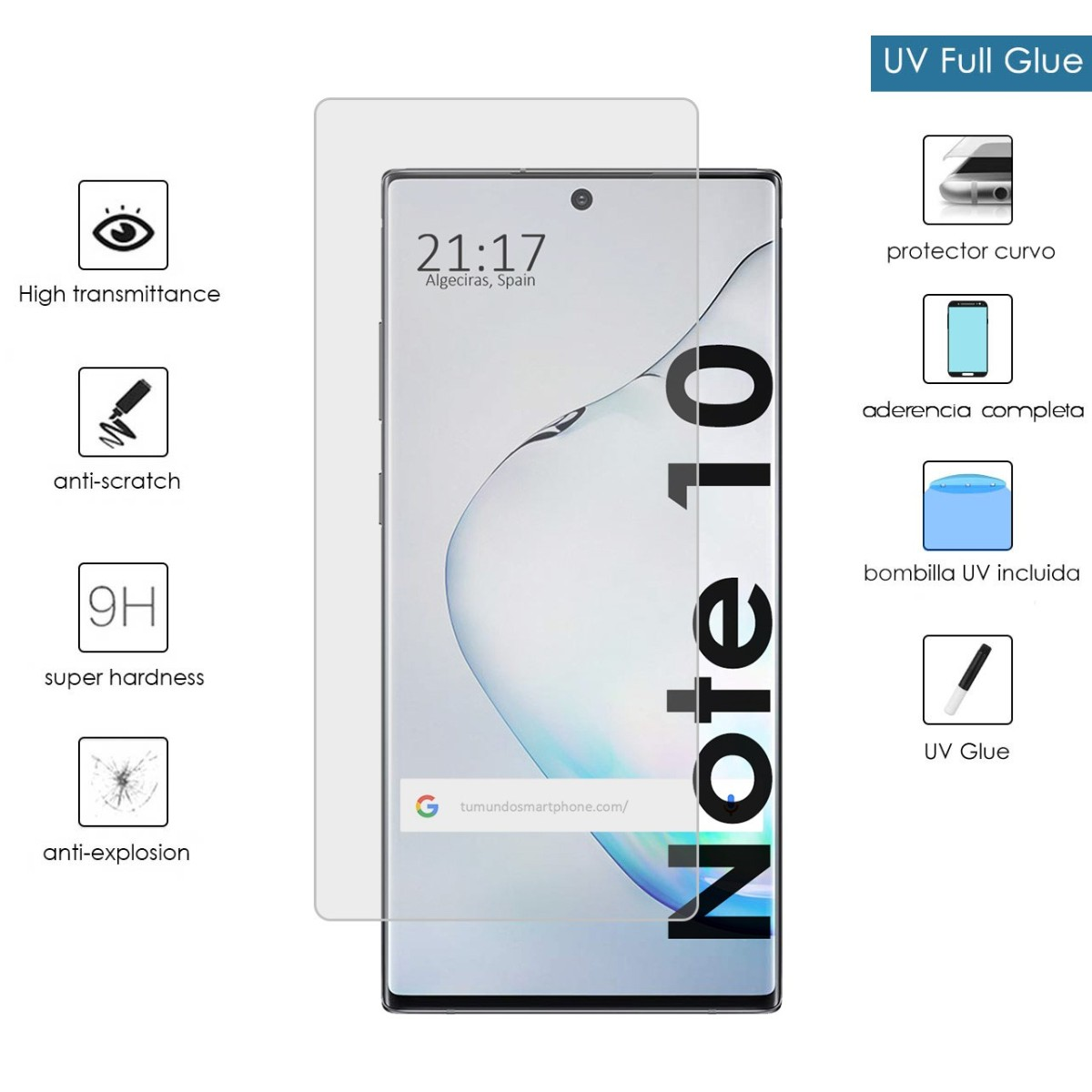 Schermo di smartphone con protezione e colla UV, mostrando data, ora e testo Note 10.