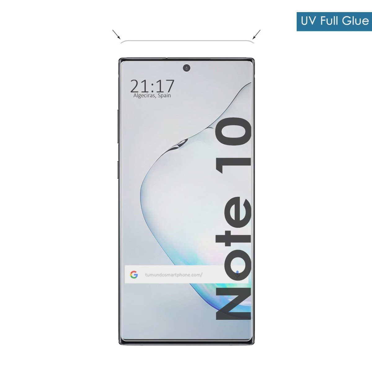 Uno smartphone nero con protezione schermo, mostra l'ora e le parole 'Note 10'.