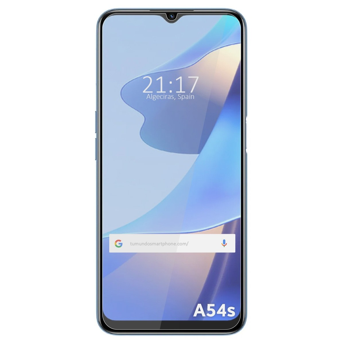 Uno smartphone turchese mostra l'ora e la posizione, con una barra di ricerca Google.