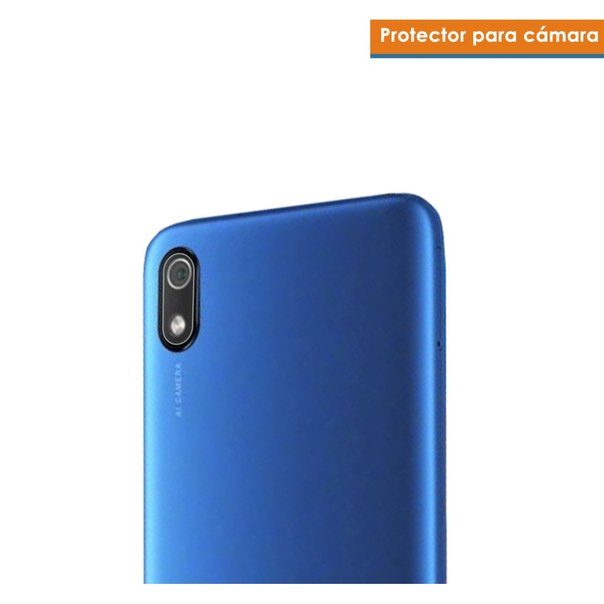 Parte trasera de teléfono azul con cámara y etiqueta AI camera, fondo blanco y texto protector encima.