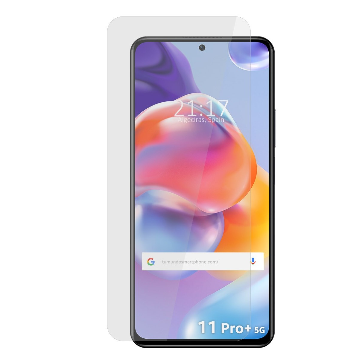Smartphone con protezione schermo, mostra ora e luogo. Lo schermo ha design arancioni e rosa.