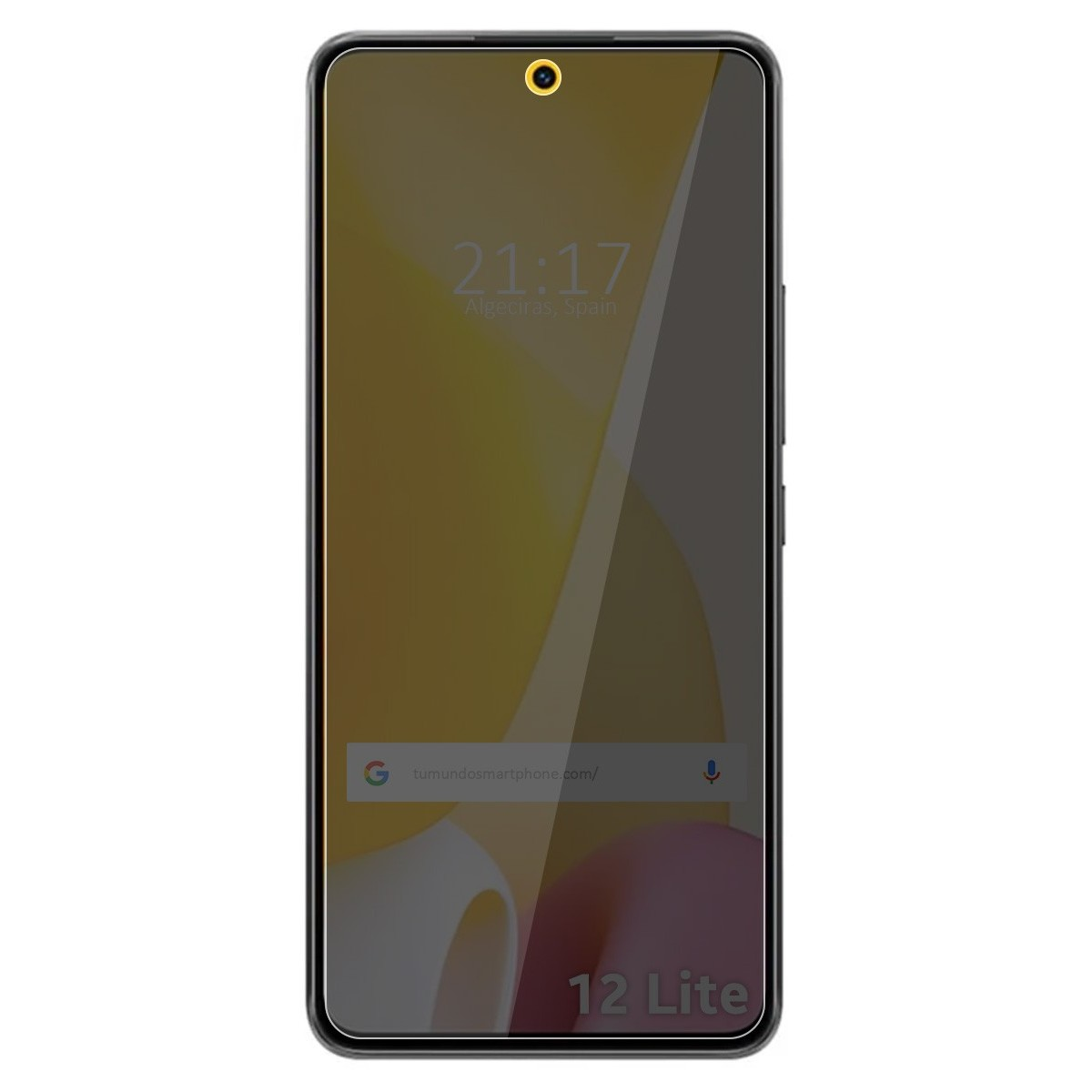 Uno smartphone nero con protezione schermo mostra ora, luogo, barra di ricerca e sfondo colorato.