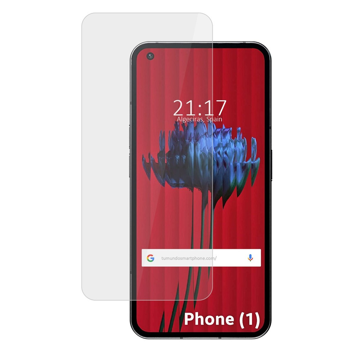Pellicola protettiva per schermo del telefono con telefono dietro. L'ora è 21:17. Testo sul telefono: Phone (1).