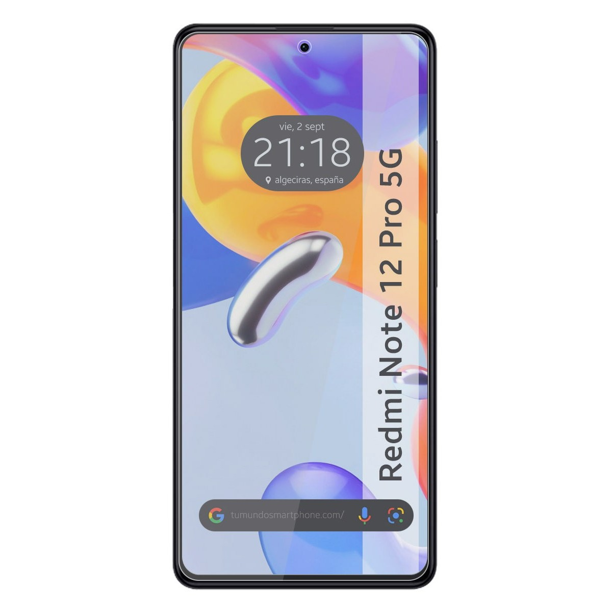 Telefono con protezione schermo. Lo schermo mostra l'ora, la barra di ricerca di Google e il testo Redmi Note 12 Pro 5G.
