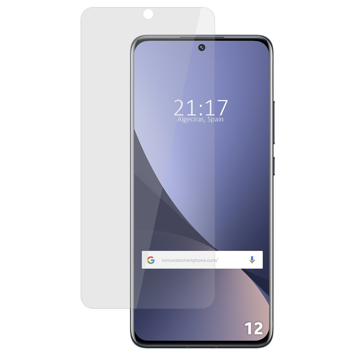 Un telefono con una protezione per lo schermo. Lo schermo mostra uno sfondo viola, l'ora e l'indirizzo del sito web.