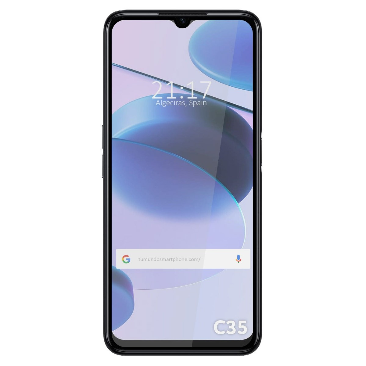 Pantalla de teléfono con visualización de la hora, ubicación y modelo C35. El teléfono es negro.
