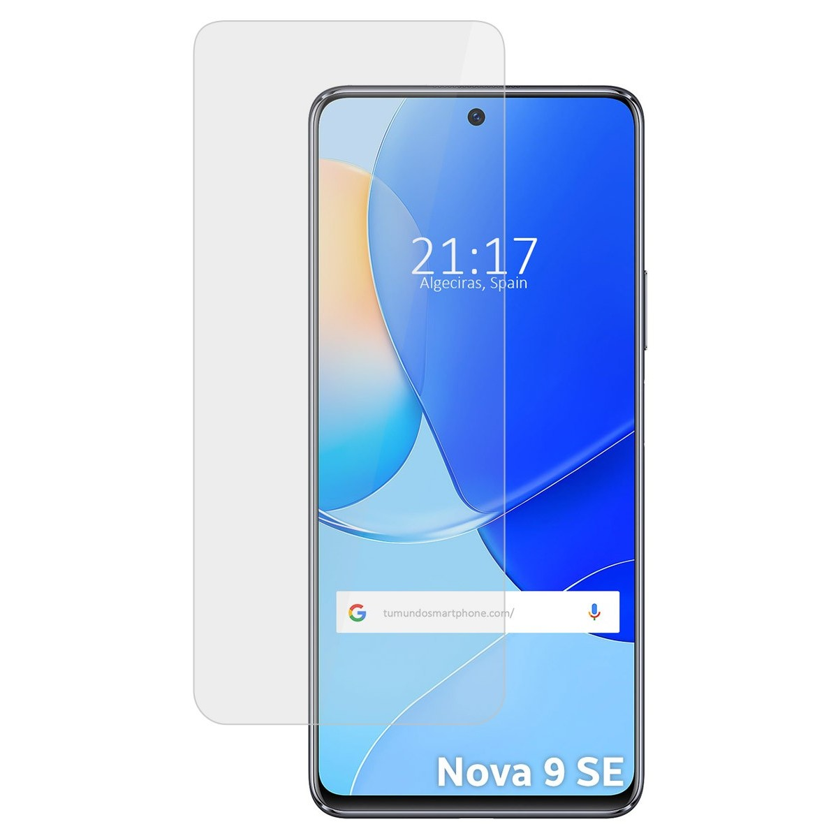 Un smartphone con protector de pantalla que muestra la hora y una barra de búsqueda de Google, etiquetado Nova 9 SE.