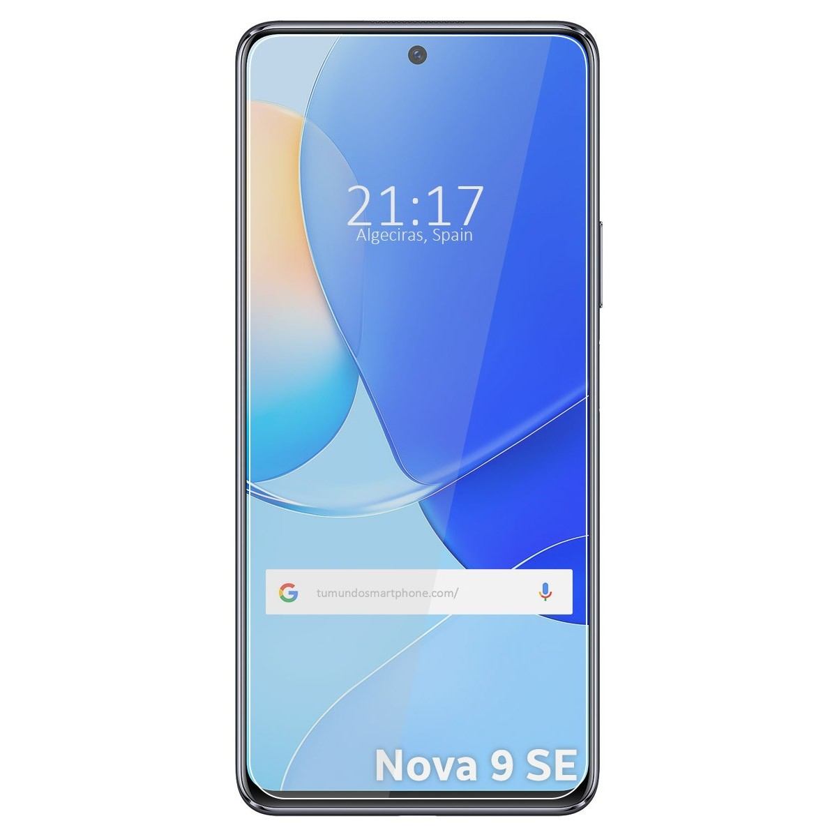 Pantalla de smartphone muestra hora y ubicación. Barra de búsqueda de Google. Abajo: Nova 9 SE.