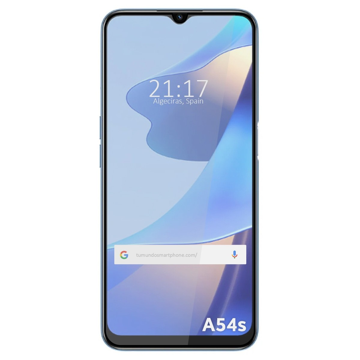 Smartphone blu. Lo schermo mostra ora e città. A54s è scritto in basso.
