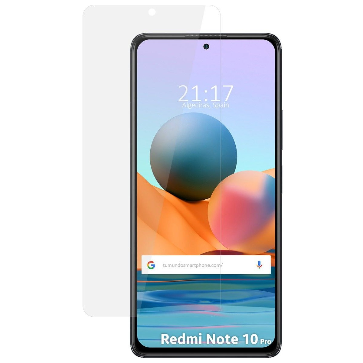 Uno smartphone con una protezione per lo schermo. Il telefono mostra l'ora, l'indirizzo web e l'etichetta 'Redmi Note 10 Pro'.