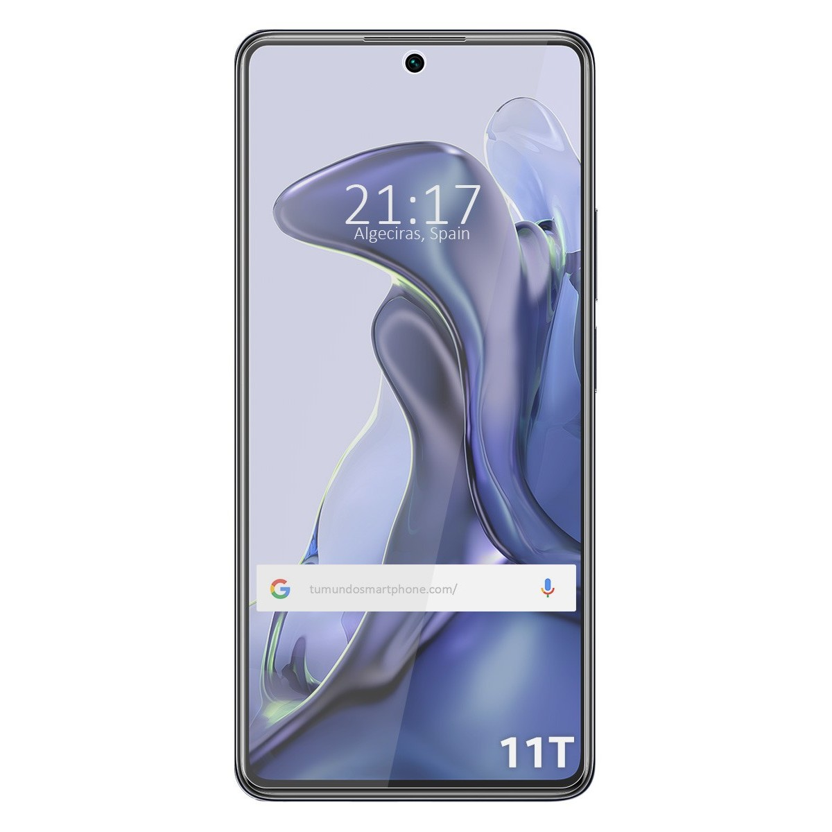 Lo schermo dello smartphone mostra l'ora e la città. Lo sfondo presenta un design astratto blu e viola.