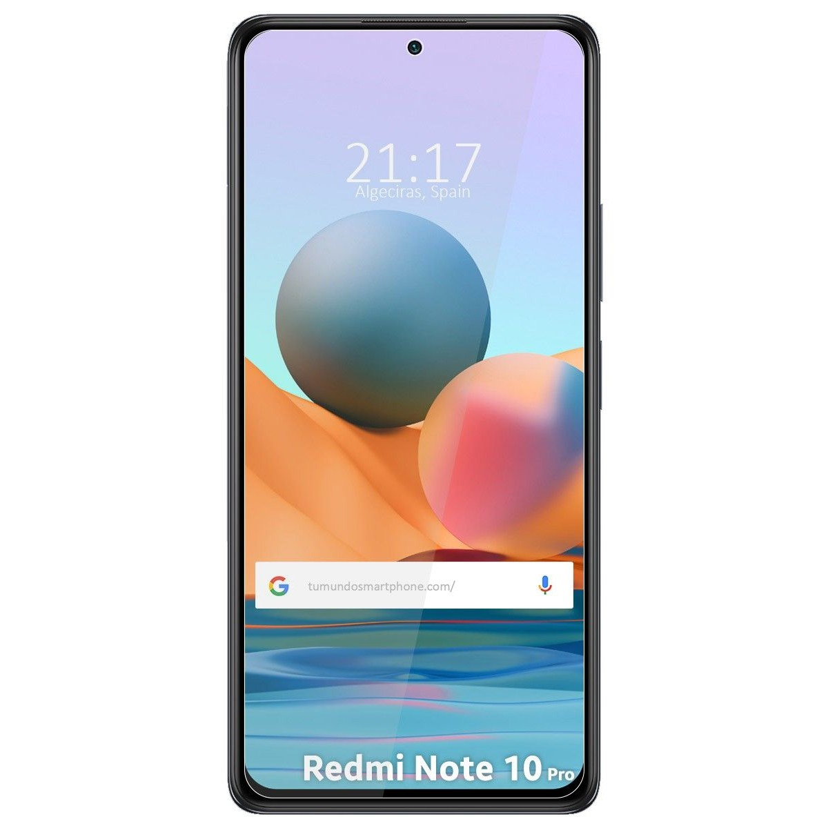 Schermo smartphone, bordo nero, visualizzazione ora e sfondo astratto.
