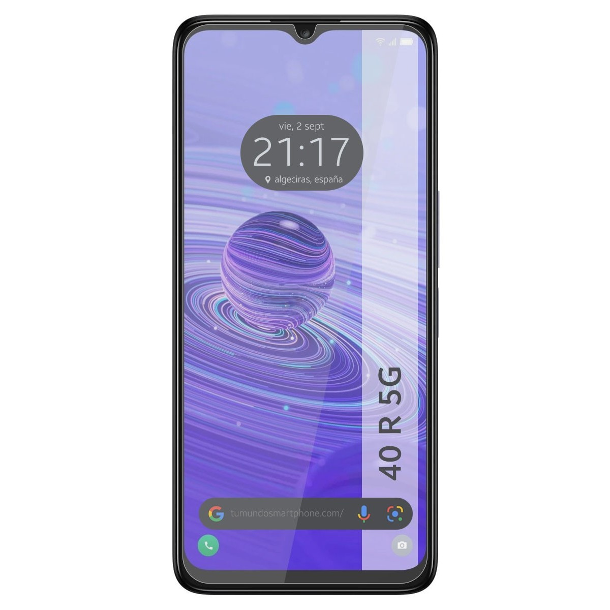 Smartphone con schermo che mostra ora e data. Lo sfondo è un design a vortice.