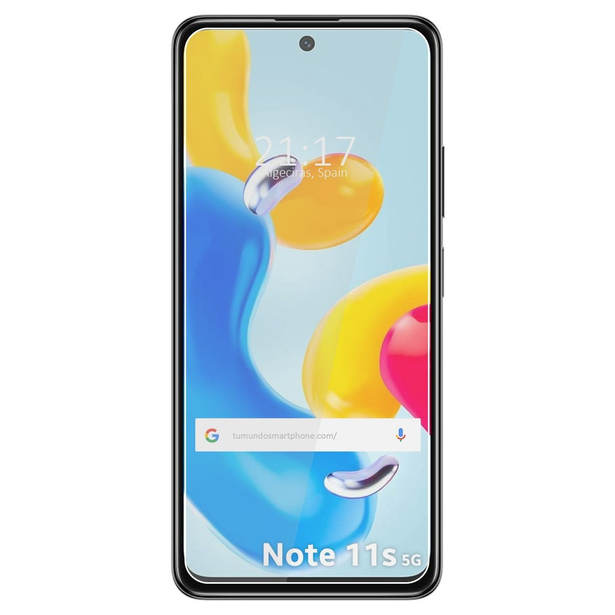 Schermo nero di smartphone con sfondo colorato e ora. Il telefono è etichettato come Note 11s 5G.