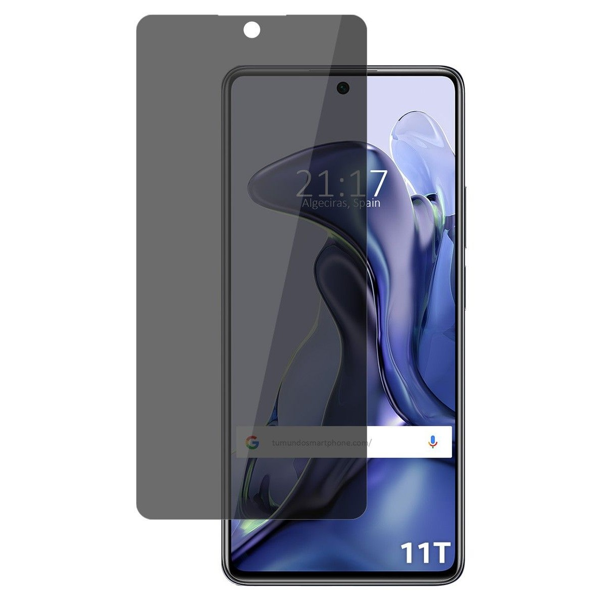 Smartphone con protezione schermo, che mostra l'ora. Il telefono è etichettato 11T.