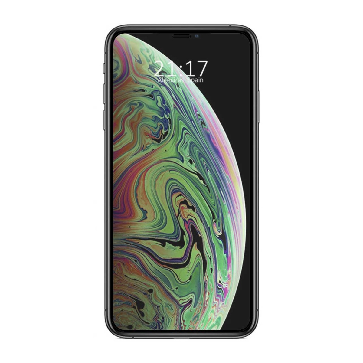 Un iPhone con un fondo abstracto y colorido. La hora es 21:17, Algeciras, España.