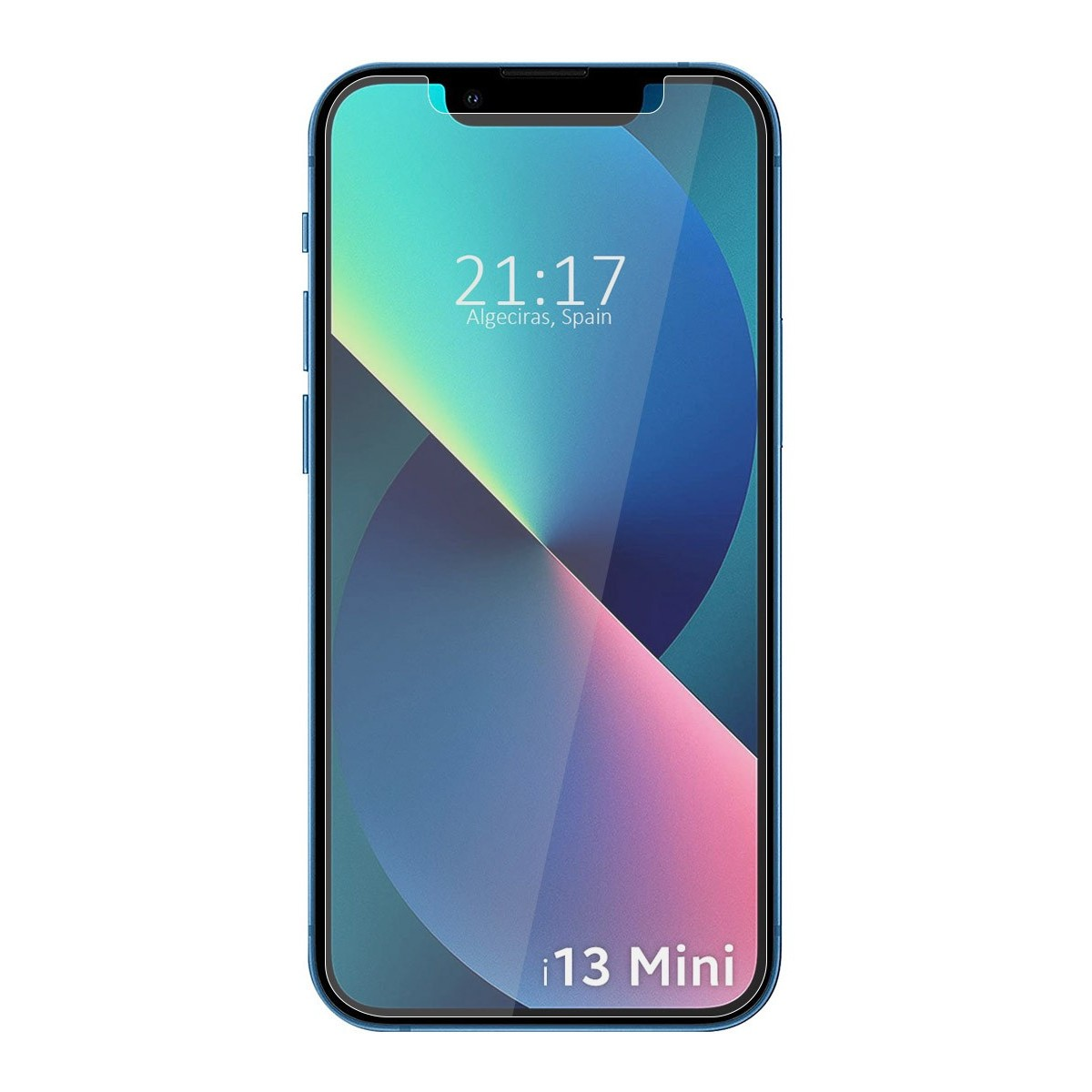 iPhone 13 Mini con protezione schermo. Lo schermo mostra l'ora e la data.