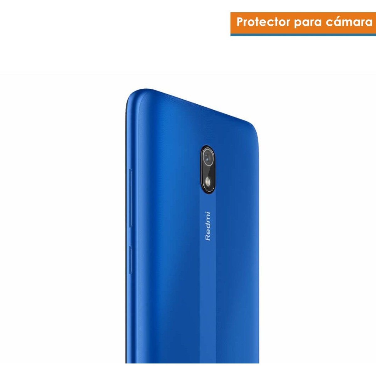 Parte trasera de un teléfono Redmi azul. Se ven la cámara y el logo Redmi. Fondo blanco.