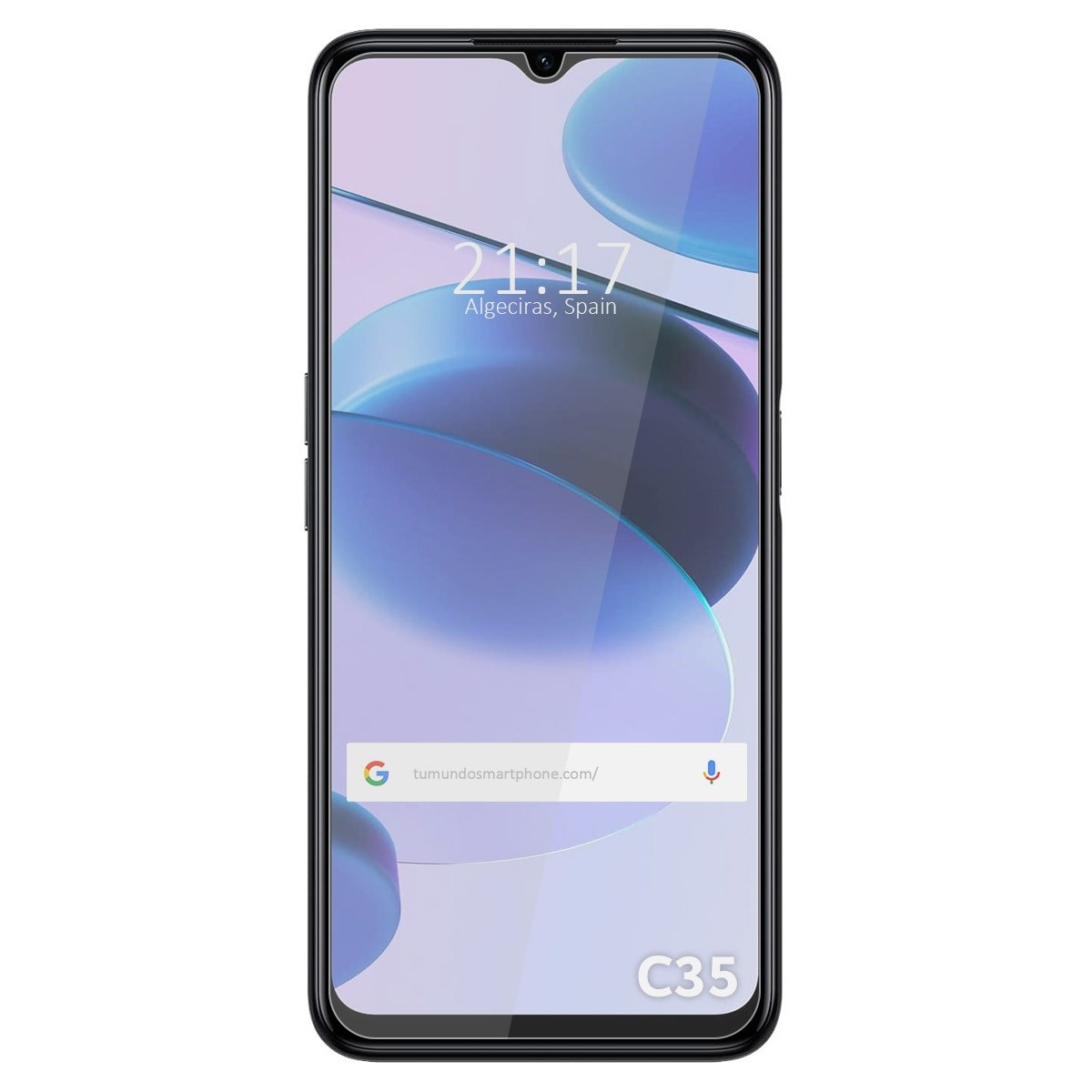 Un smartphone con protector de pantalla, que muestra la hora y un fondo borroso.
