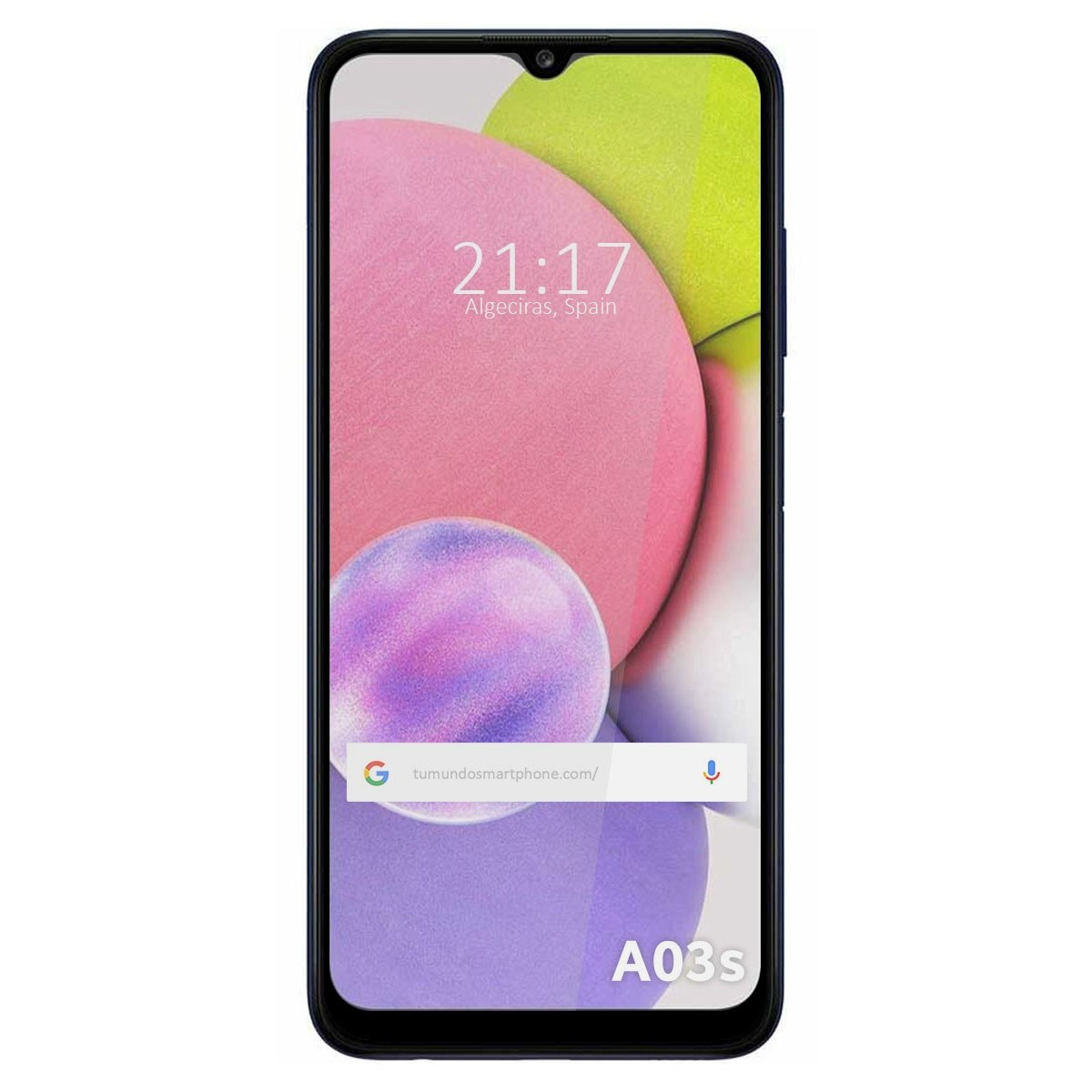 Lo schermo del telefono mostra forme astratte con ora e luogo. Cornice nera.