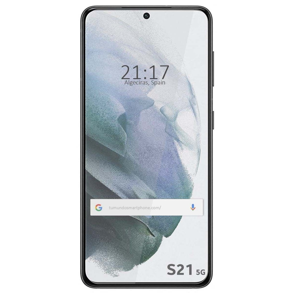 Telefono nero che mostra ora e data. Il telefono è S21 5G.