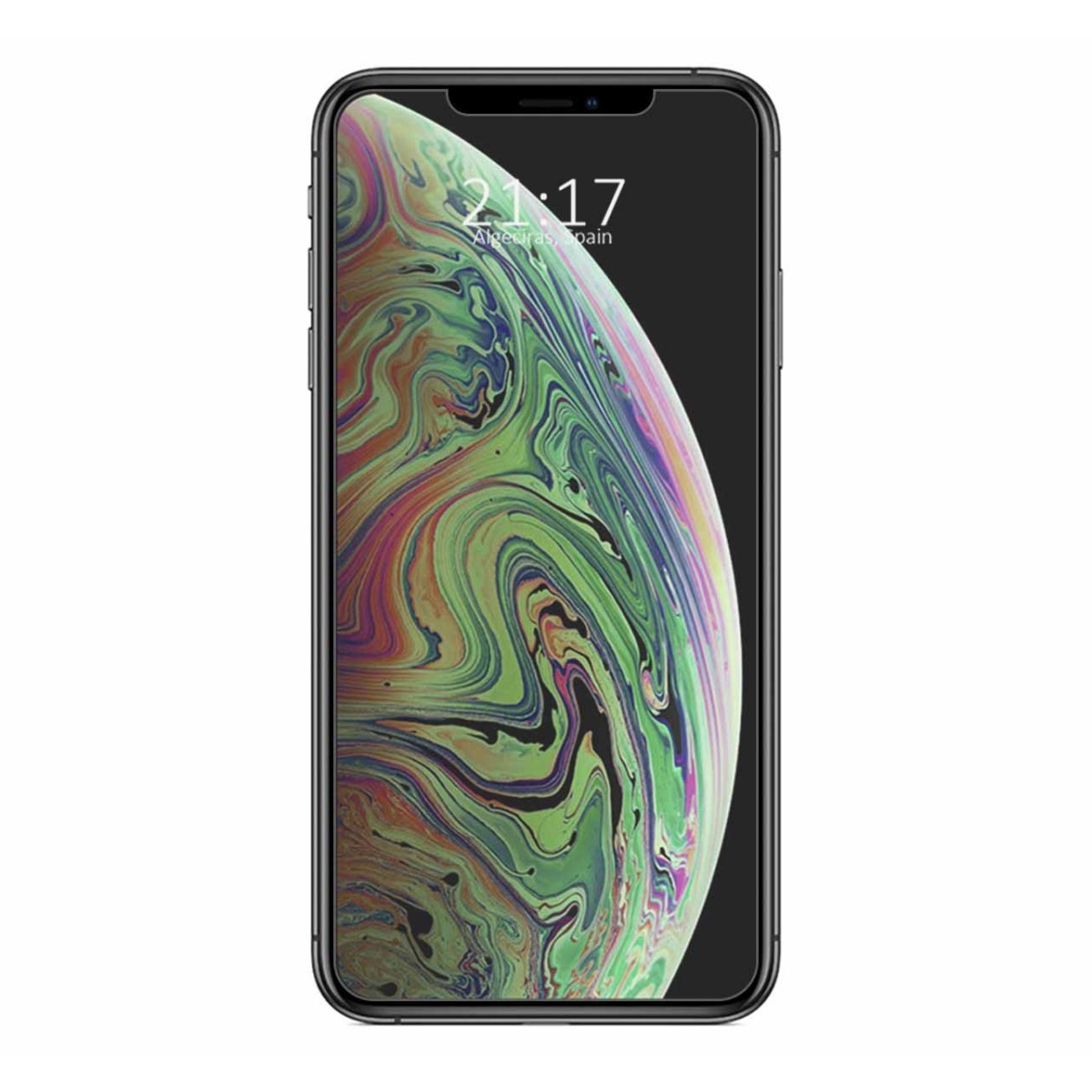 Smartphone mostrando hora, ubicación y un diseño abstracto colorido con protector de pantalla al lado.