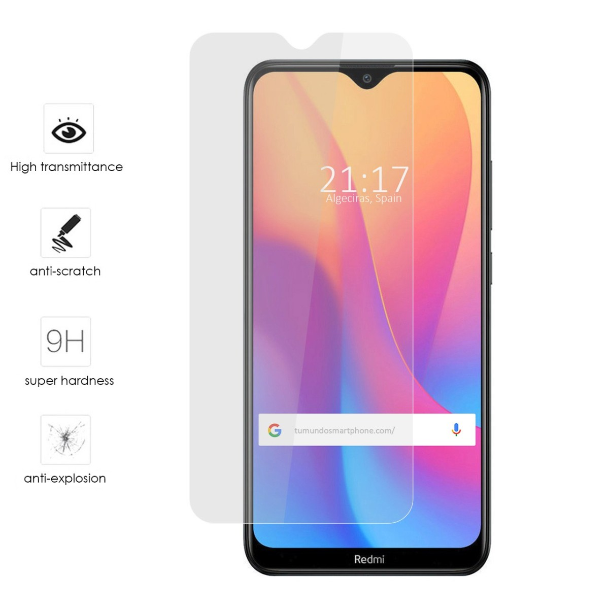 Smartphone con protezione schermo, mostra ora, barra di ricerca e icone di protezione.