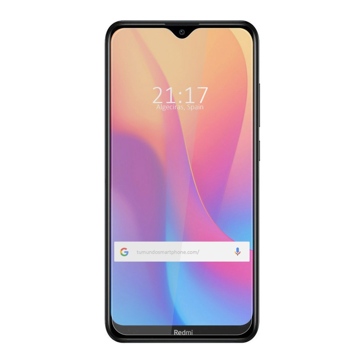 Telefono Redmi. Lo schermo mostra ora, posizione e una barra di ricerca.